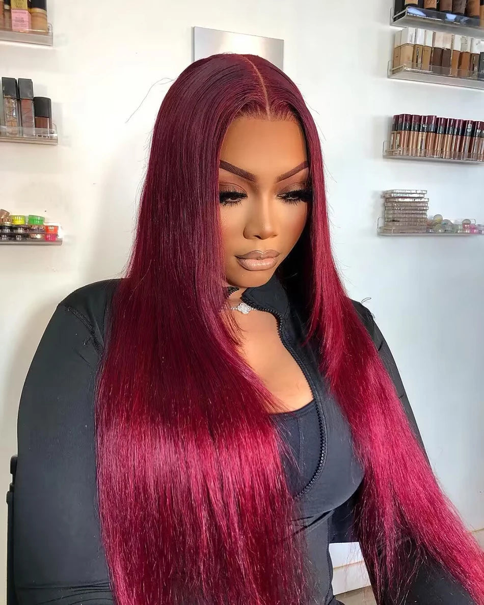 99J Red Burgundy Straight Lace Front Wig | 200% Density 13x4 13x6 HD Transparent Colored Human Hair Pre-Plucked