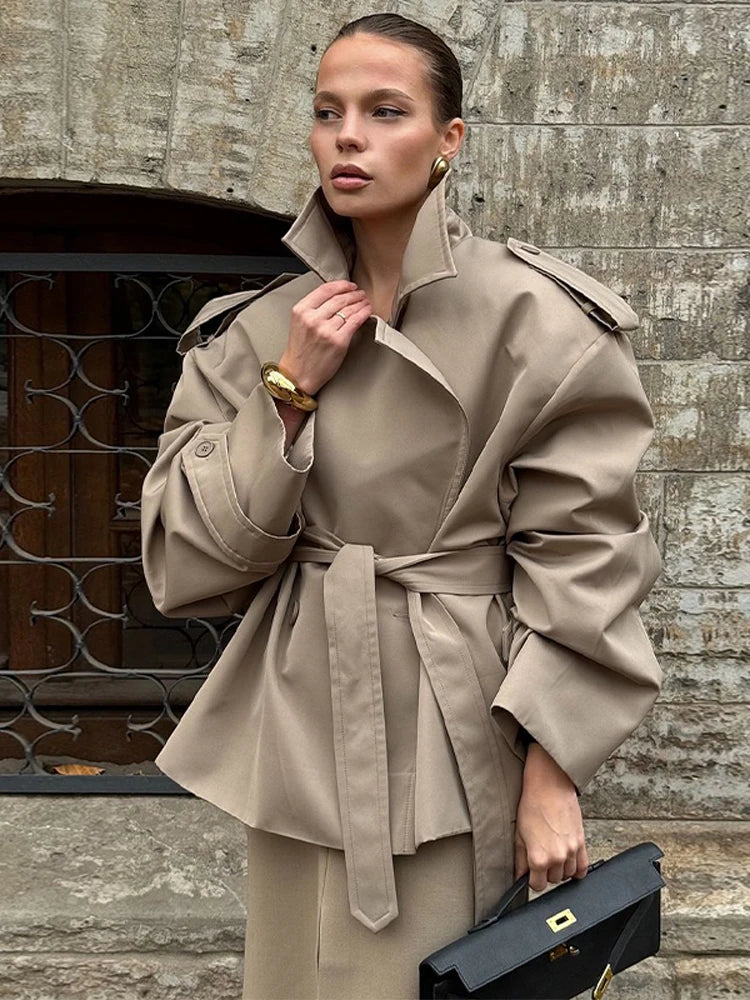 Women's Lace-Up Cropped Trench Coat – Wide Shoulder Windbreaker Jacket