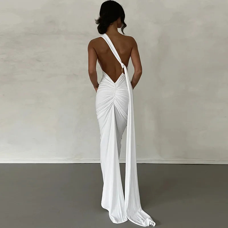 Backless Ruched Slim Bodycon Maxi Dress — Elegant Formal Wedding Guest Evening Dress