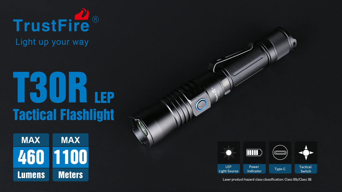 Trustfire T30R Tactical Flashlight – 1100M Range, 460LM, 18650 Rechargeable Self-Defense Torch