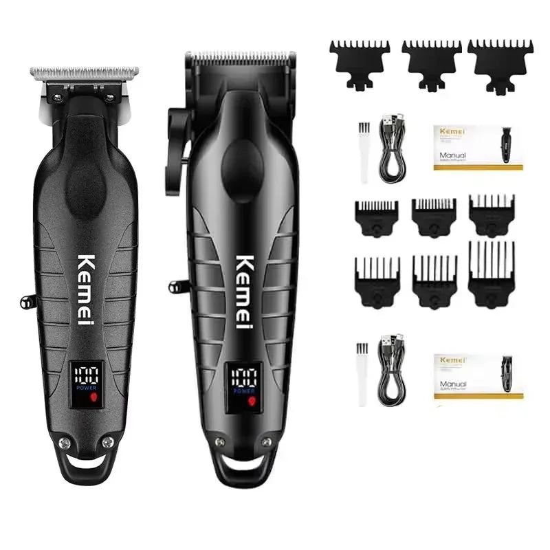 Kemei Professional Hair Clipper & Beard Trimmer – LCD Display, Wet/Dry, USB Fast Charge