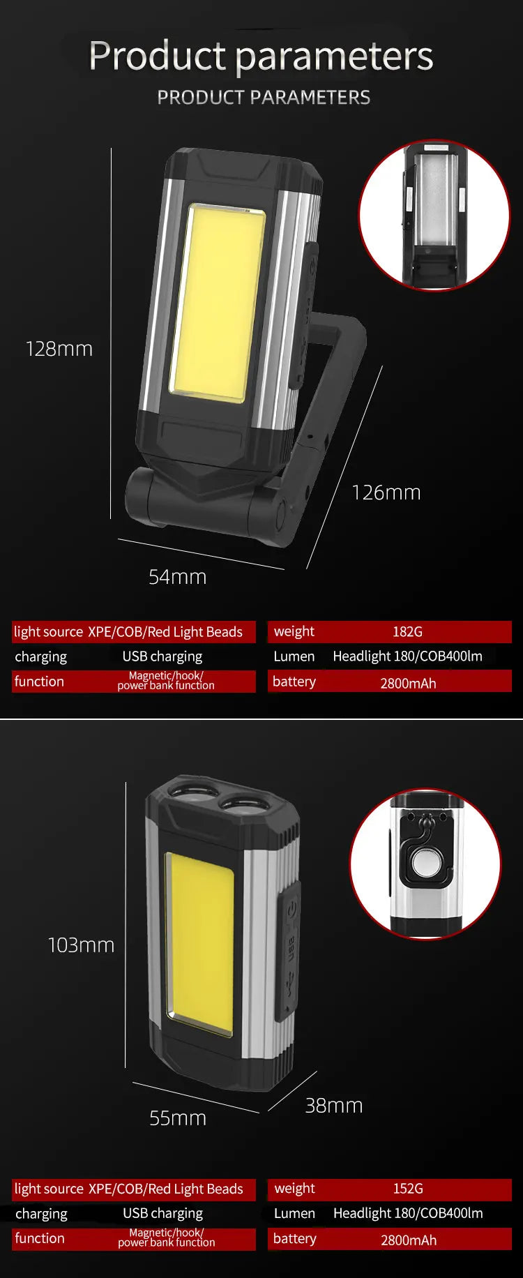 2026 Portable COB Magnetic Work Light — Rechargeable LED Flashlight for Camping & Car Repair