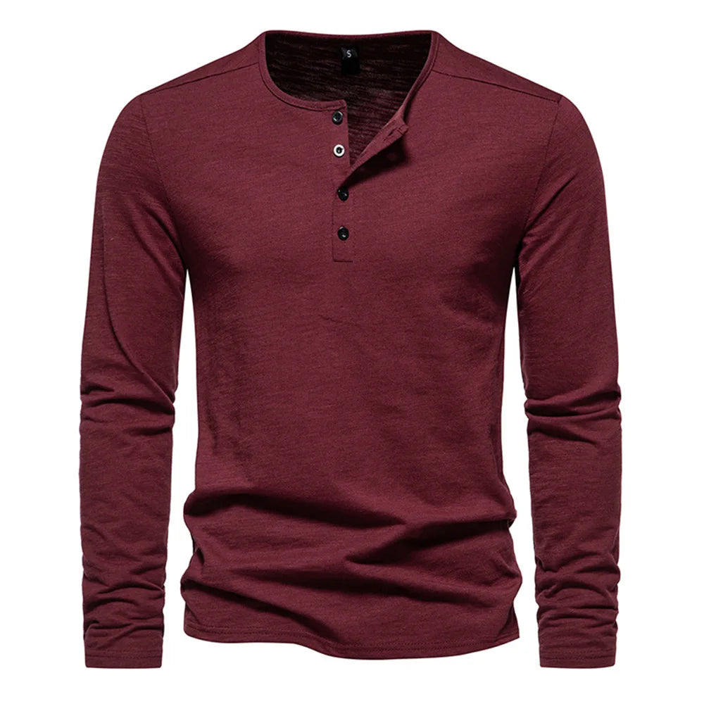 Men's Cotton Slim Fit Long Sleeve T-Shirt — Button Neck Casual Fitness Tee