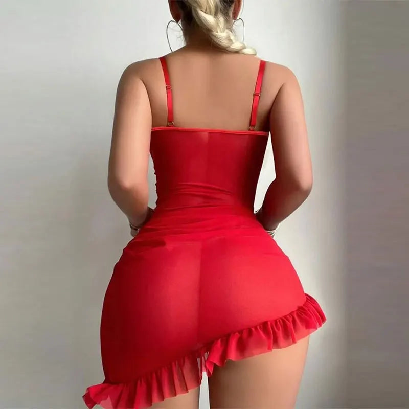 Semi-Sheer V-Neck Nightgown & Thong Set — Backless Sleepwear