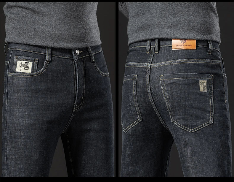 Men's Fleece-Lined Straight Denim Jeans — Warm Thick Winter Stretch Jeans