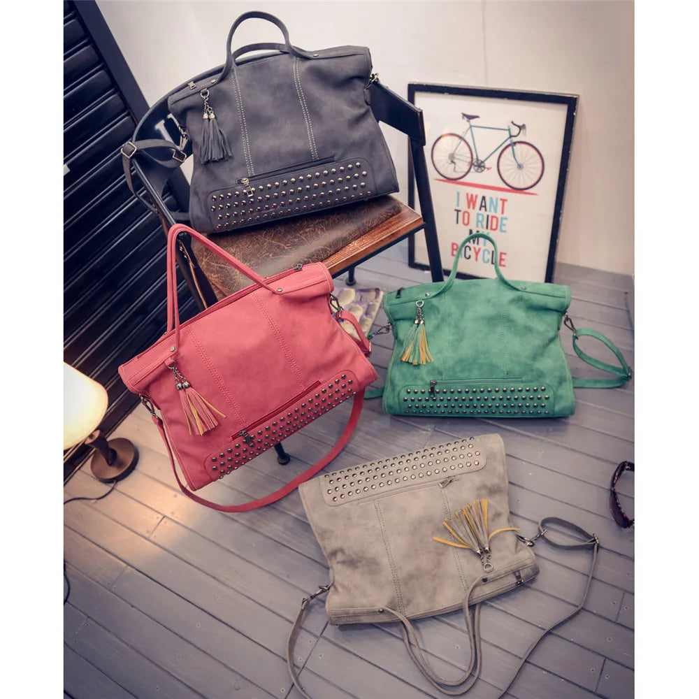Luxury Matte Faux Suede Large Tote Bag – Vintage Rivet Tassel Handbag for Women