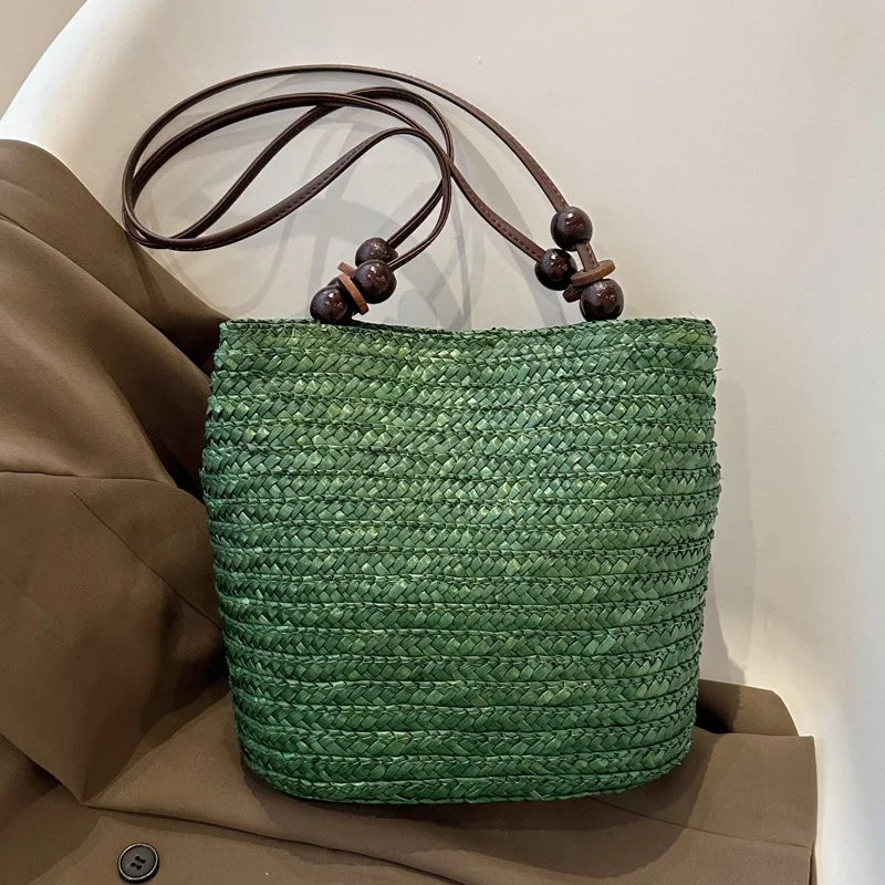 Handmade Straw Rattan Woven Tote Bag – Bohemian Beaded Summer Beach Shoulder Bag for Women
