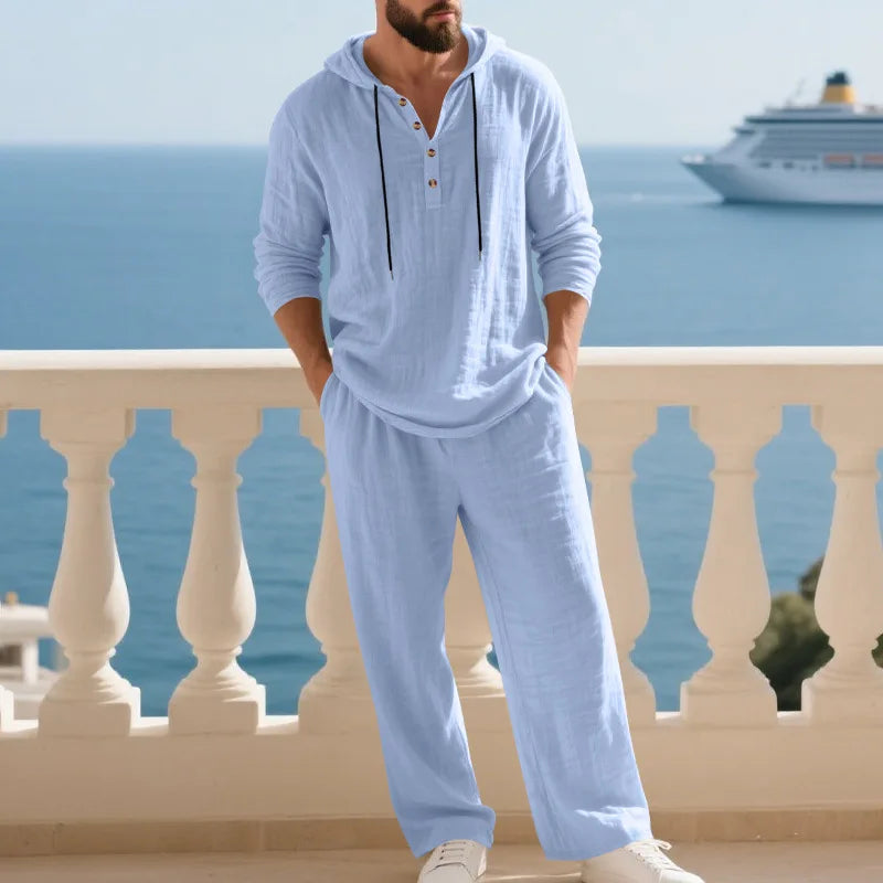 Men's Linen Casual Loose Hooded Henley Shirt & Long Pants Set – Relaxed Autumn 2-Piece Suit