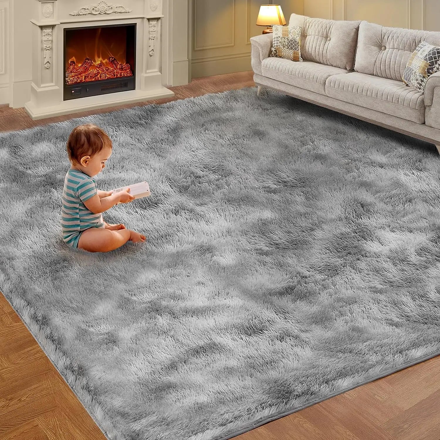 VIKAMA Tie-Dye Plush Carpet — Soft Fluffy Non-Slip Area Rug for Living Room, Kids Room & Baby Crawling