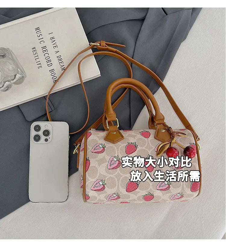 Cherry Print PU Leather Boston Crossbody Shoulder Bag – Luxury Designer Handbag for Women