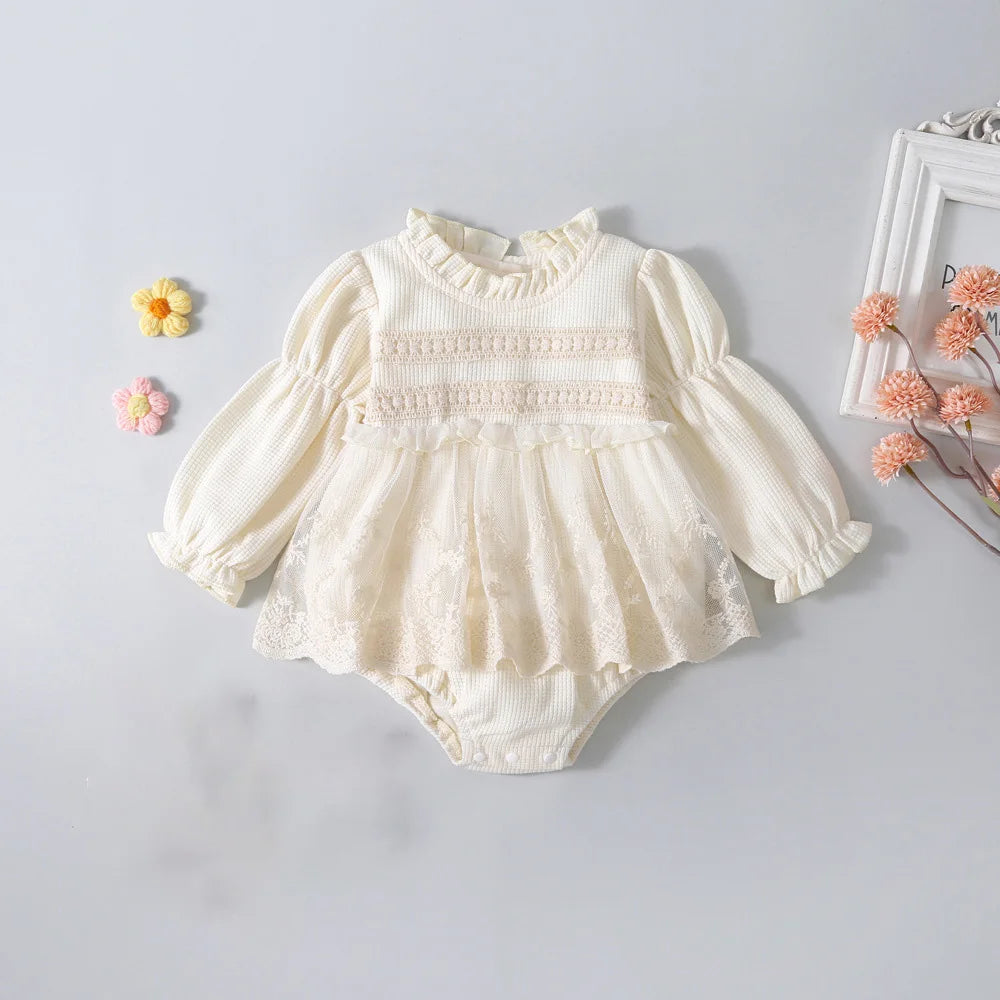 Baby Girl Tutu Skirt Bodysuit — Waffle Lace One-Piece Party Outfit for Toddlers
