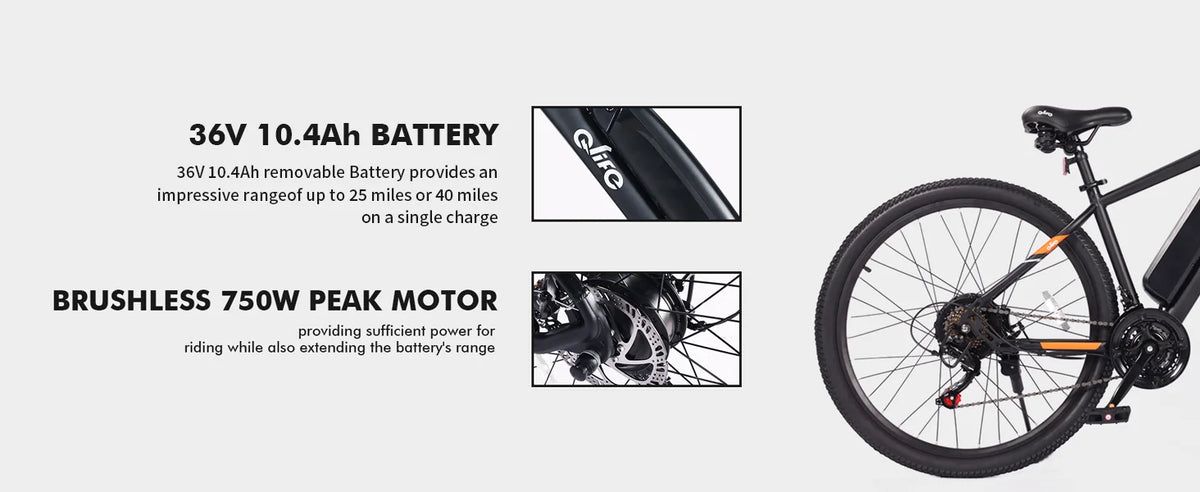A promotional graphic for an electric bicycle showing the rear wheel and lower frame on a light gray background, with text highlighting a 36V 10.4Ah battery and a brushless 750W peak motor.