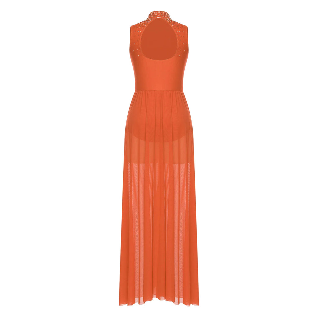 Rhinestone Maxi Sleeveless Contemporary Dance Dress — Mock Neck Wide Hemline Lyrical Leotard