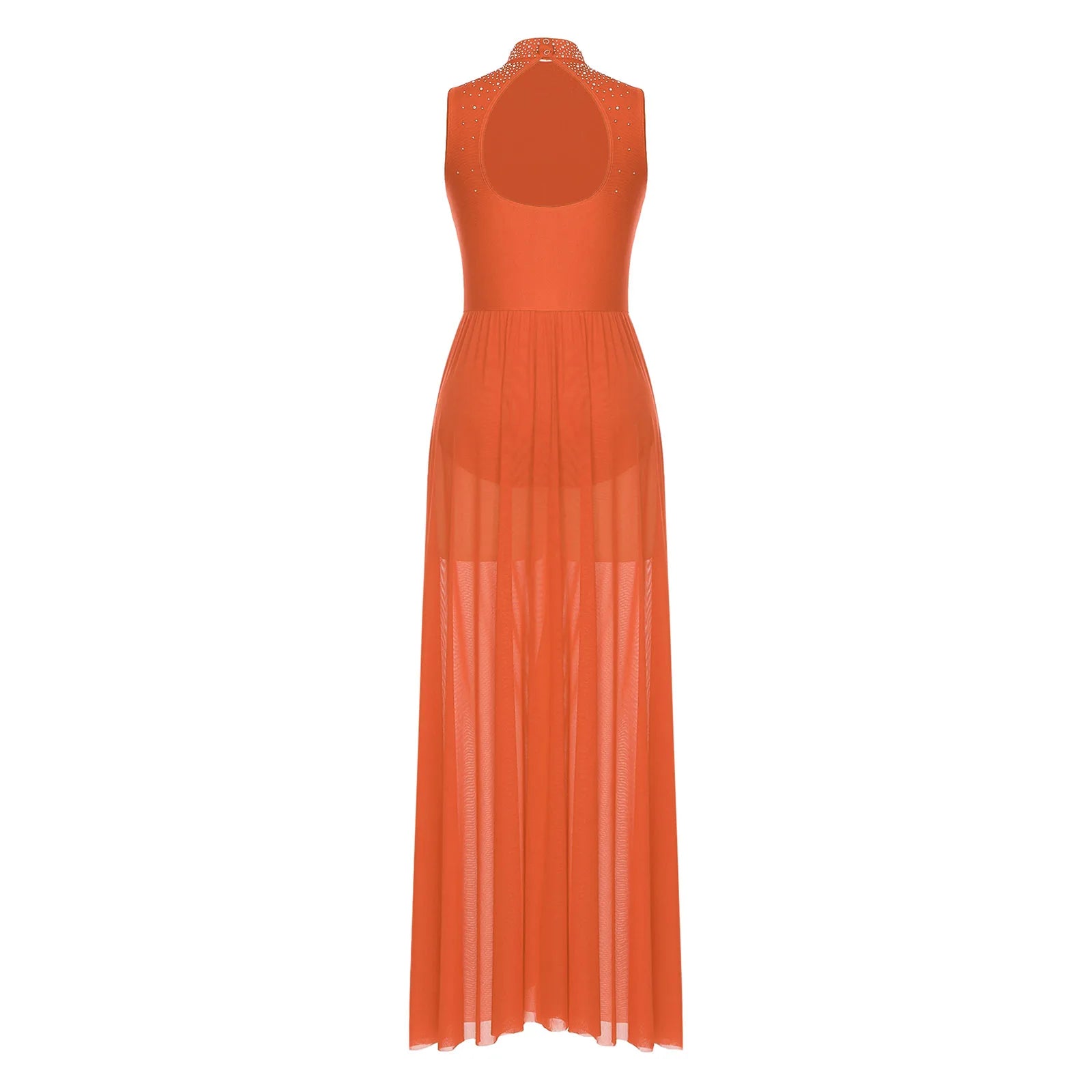 Rhinestone Maxi Sleeveless Contemporary Dance Dress — Mock Neck Wide Hemline Lyrical Leotard
