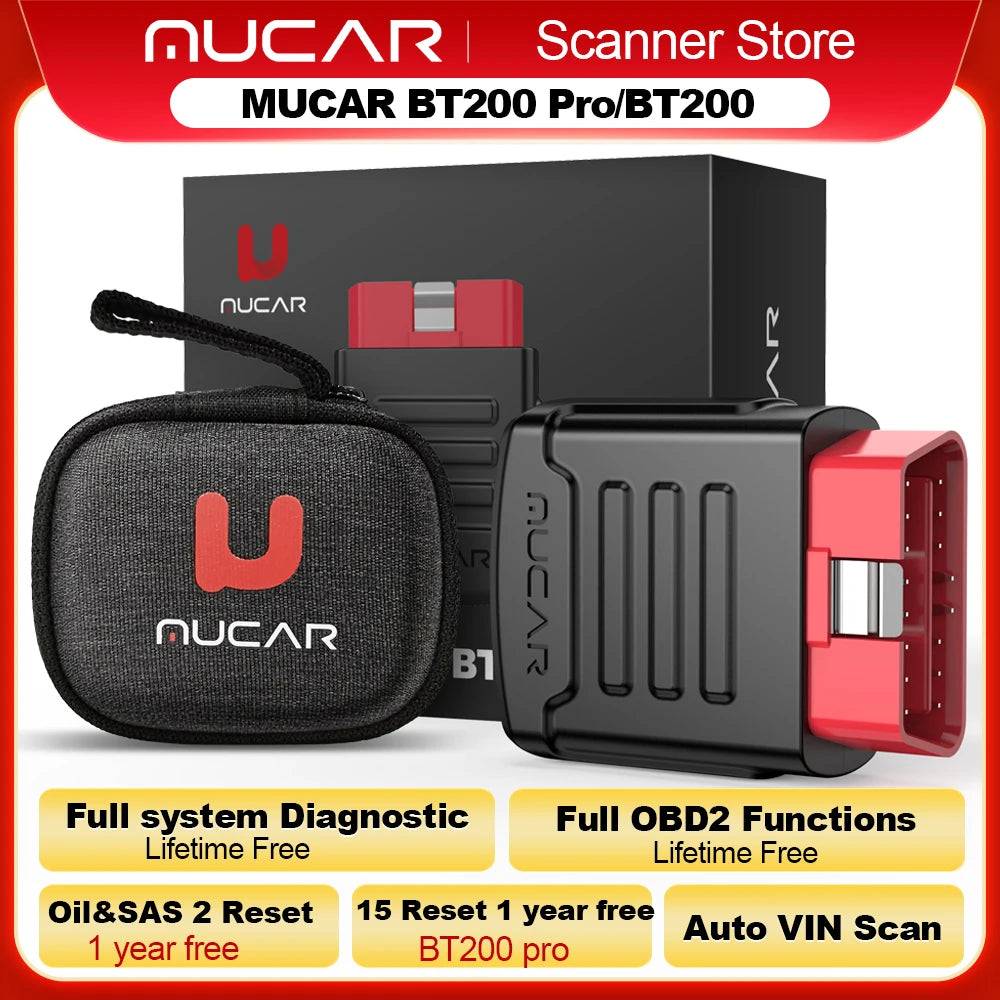 MUCAR BT200 Pro OBD2 Bluetooth Car Diagnostic Scanner — 15 Resets, Full System, 120+ Car Brands