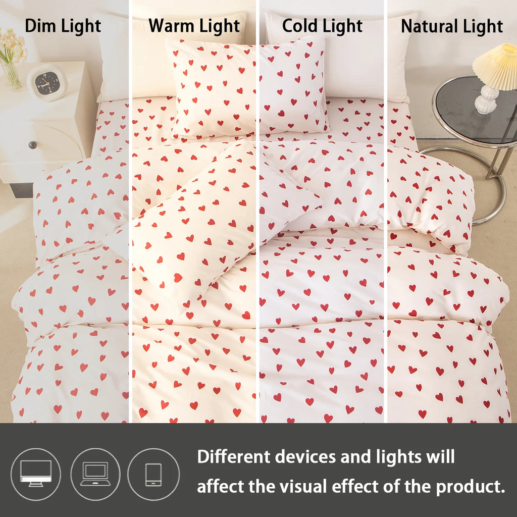 Red Heart Print Duvet Cover Set – 3-Piece Soft Skin-Friendly Bedding with Pillowcases, Twin to King