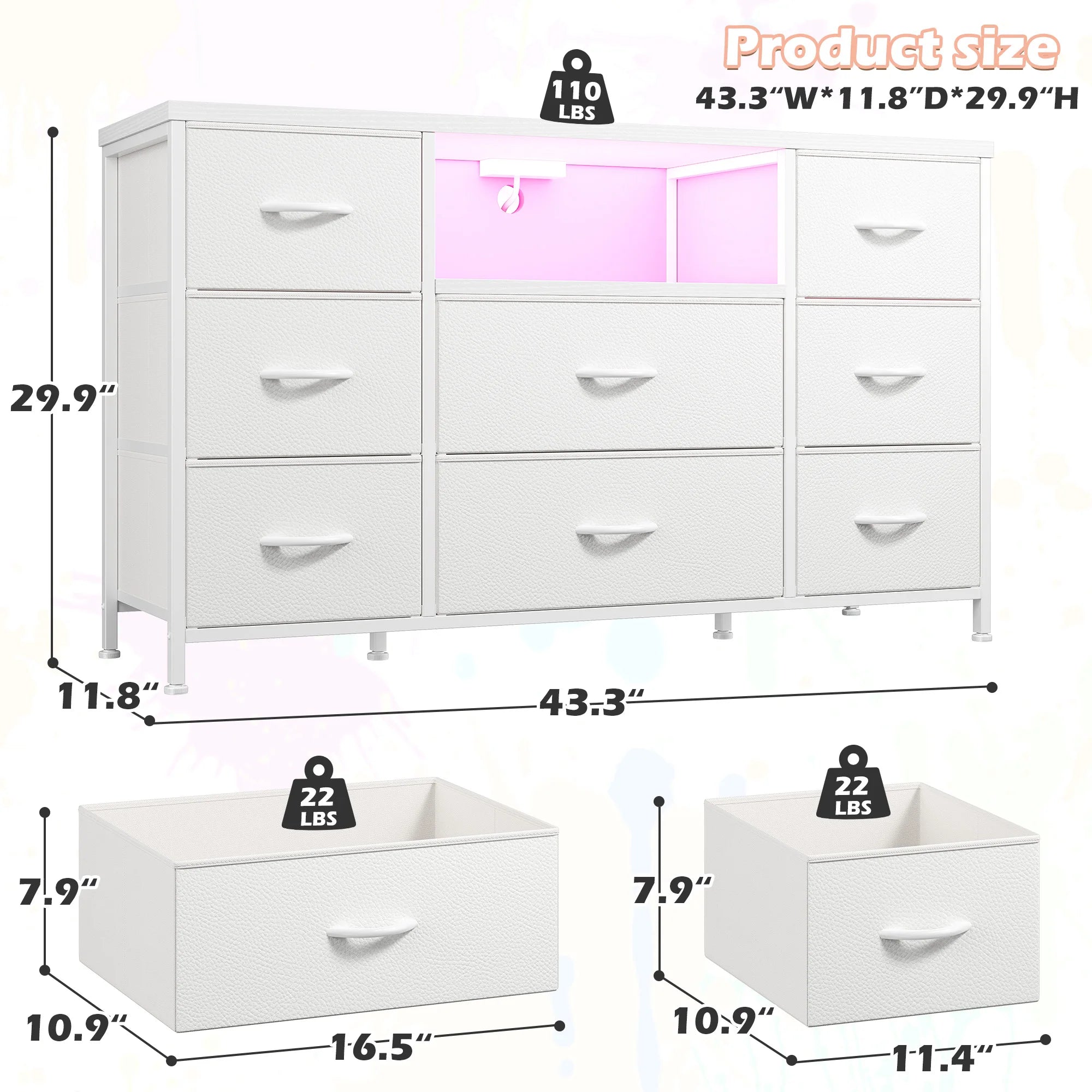 8-Drawer Media Dresser with LED Lighting & Built-In Charging Station — Fabric Storage Cabinet for 55" TVs