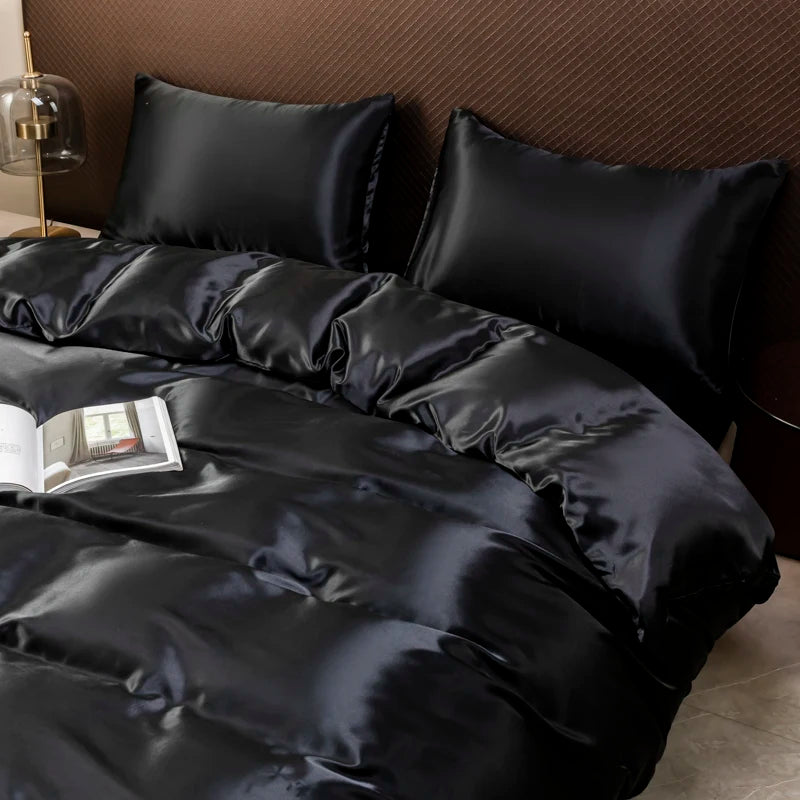 Luxury Ice Silk Satin Bedding Set – Solid Color Duvet Cover with Pillowcases, Queen & King