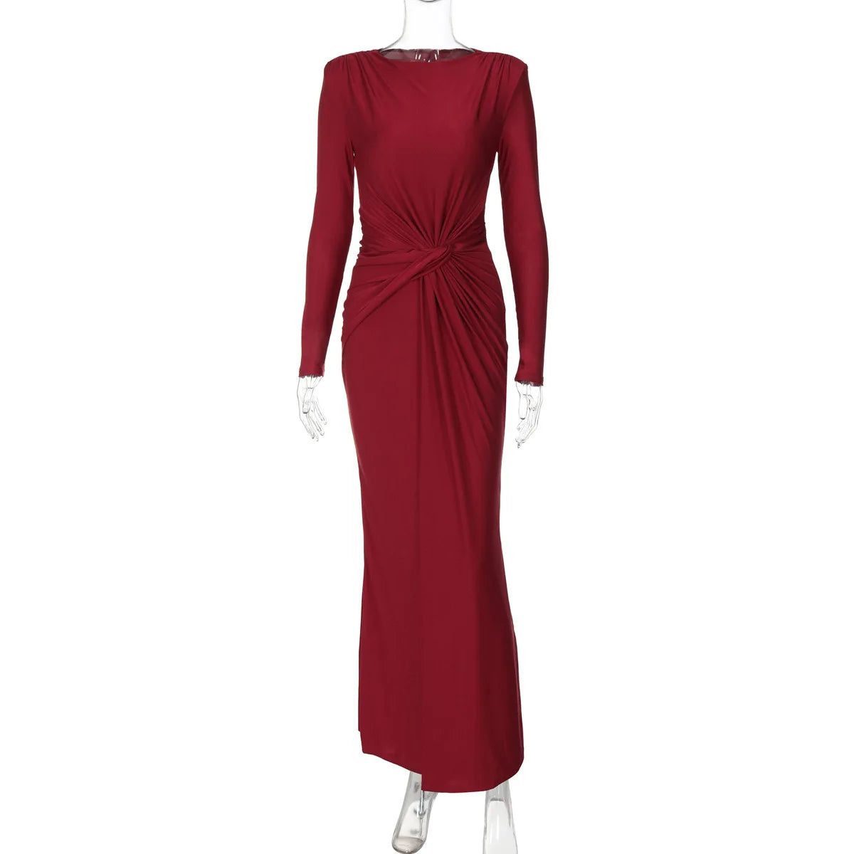 O-Neck Long Sleeve Ruched High Waist Bodycon Maxi Prom Dress — Elegant Wedding Evening Dress