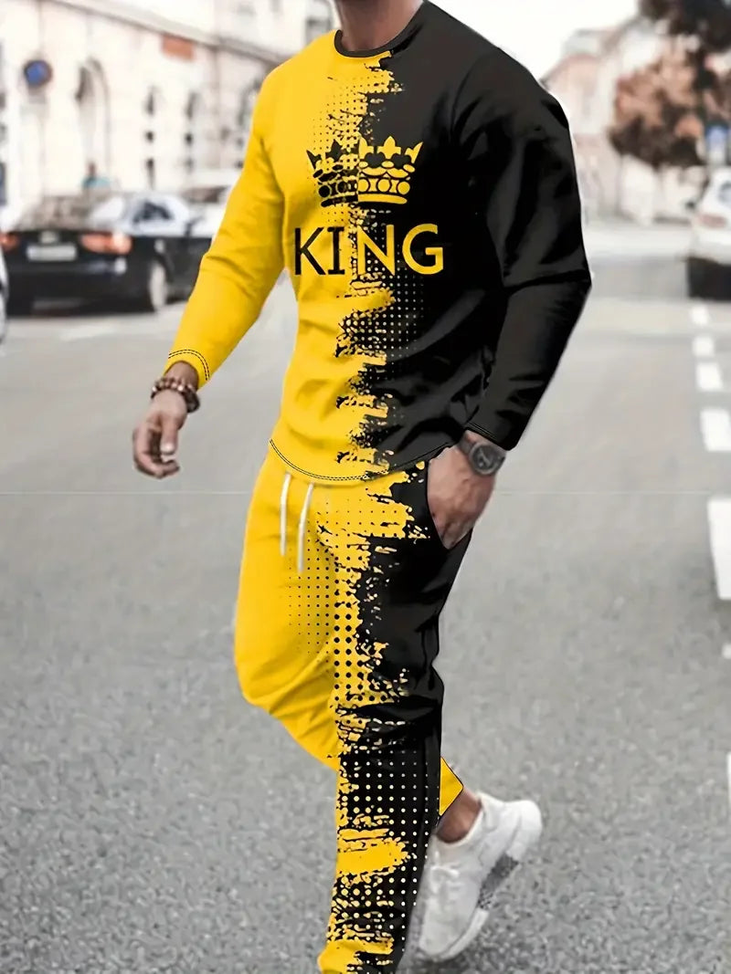 Men's 3D Print Long Sleeve T-Shirt & Jogger Pants Street Tracksuit