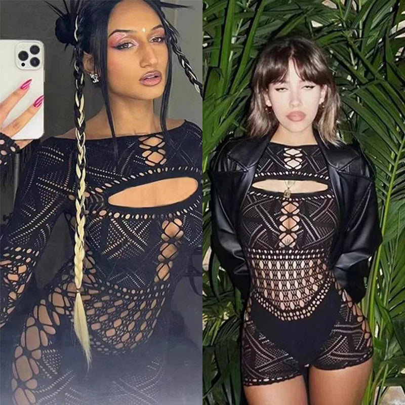 Women's Hollow Out Lace Bodycon Jumpsuit – Sexy Tight Lingerie Long Dress