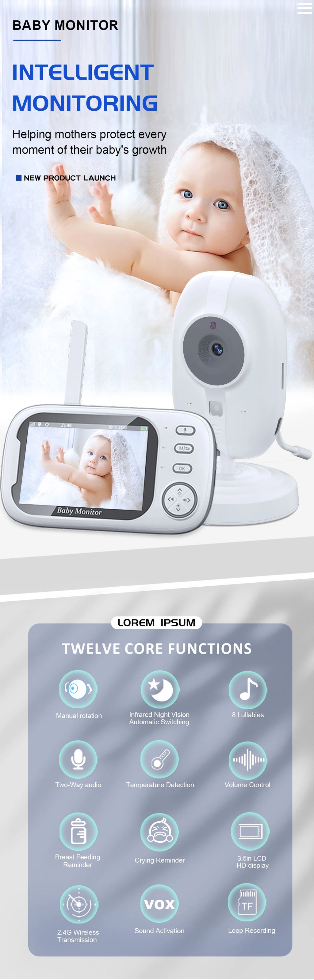 3.5" Wireless Video Baby Monitor – Night Vision, Temperature Monitoring, 2-Way Audio | No WiFi Needed