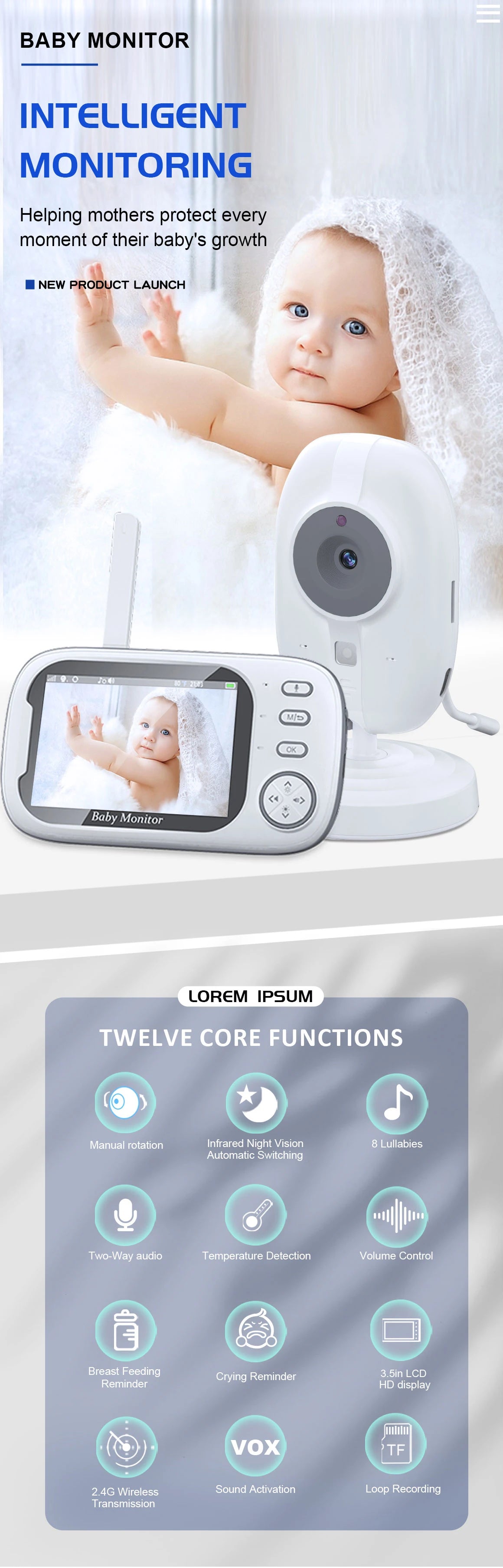 3.5" Wireless Video Baby Monitor – Night Vision, Temperature Monitoring, 2-Way Audio | No WiFi Needed