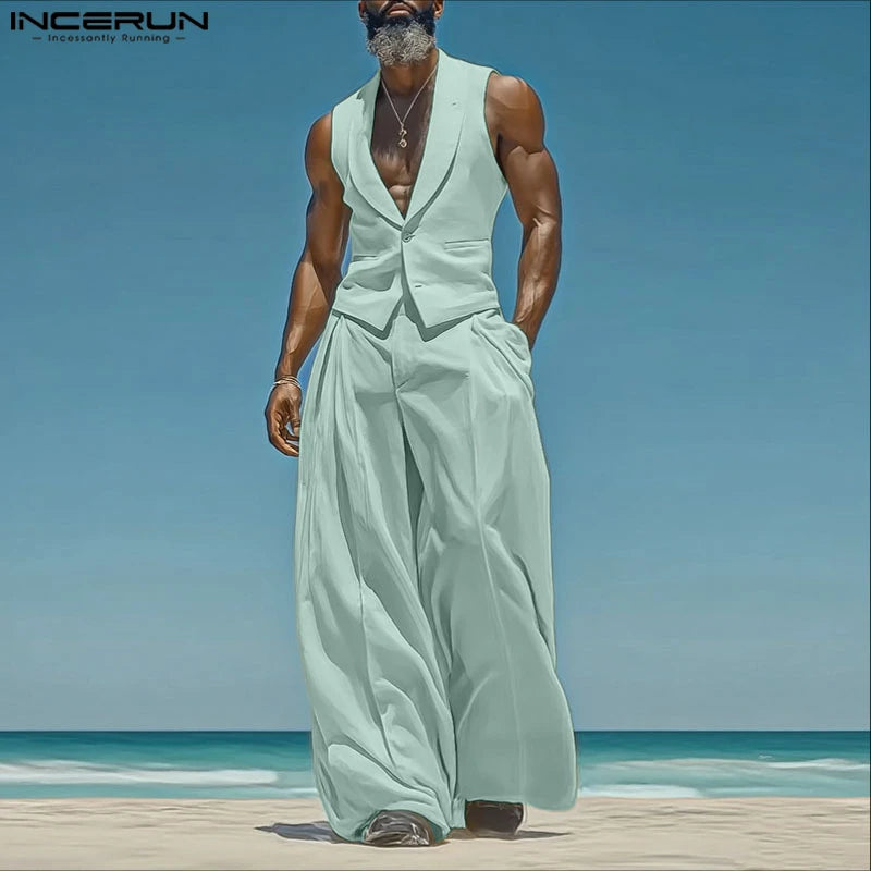 Men's Sleeveless Tank Top & Button-Fly Long Pants 2-Piece Set – Solid Color Streetwear