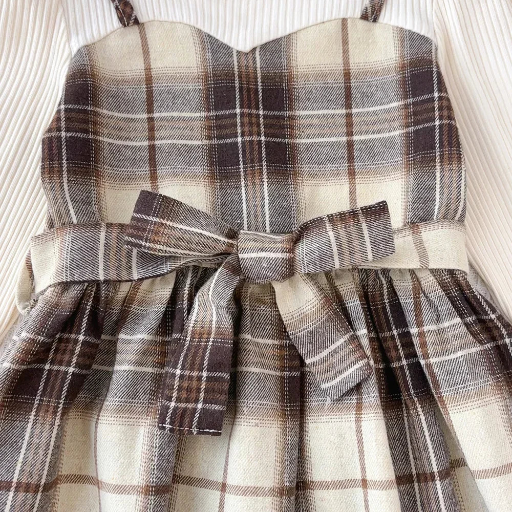 Korean Plaid Girls Casual Dress Set — Long Sleeve Shirt with Belt & Hat (3–7 Years)