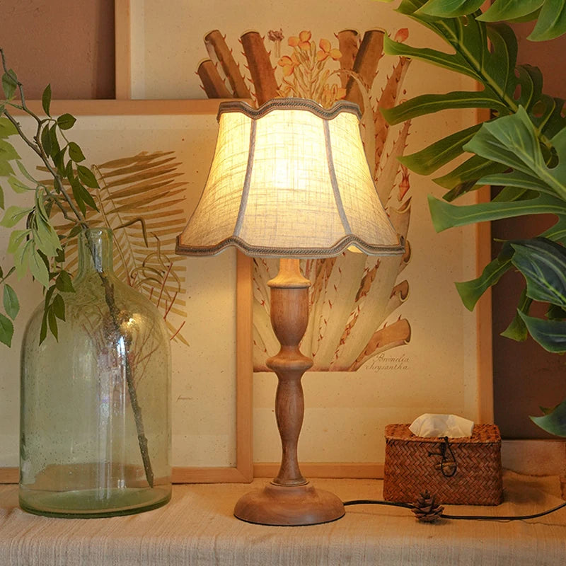 Wood Table Lamp – Vintage Fabric Shade