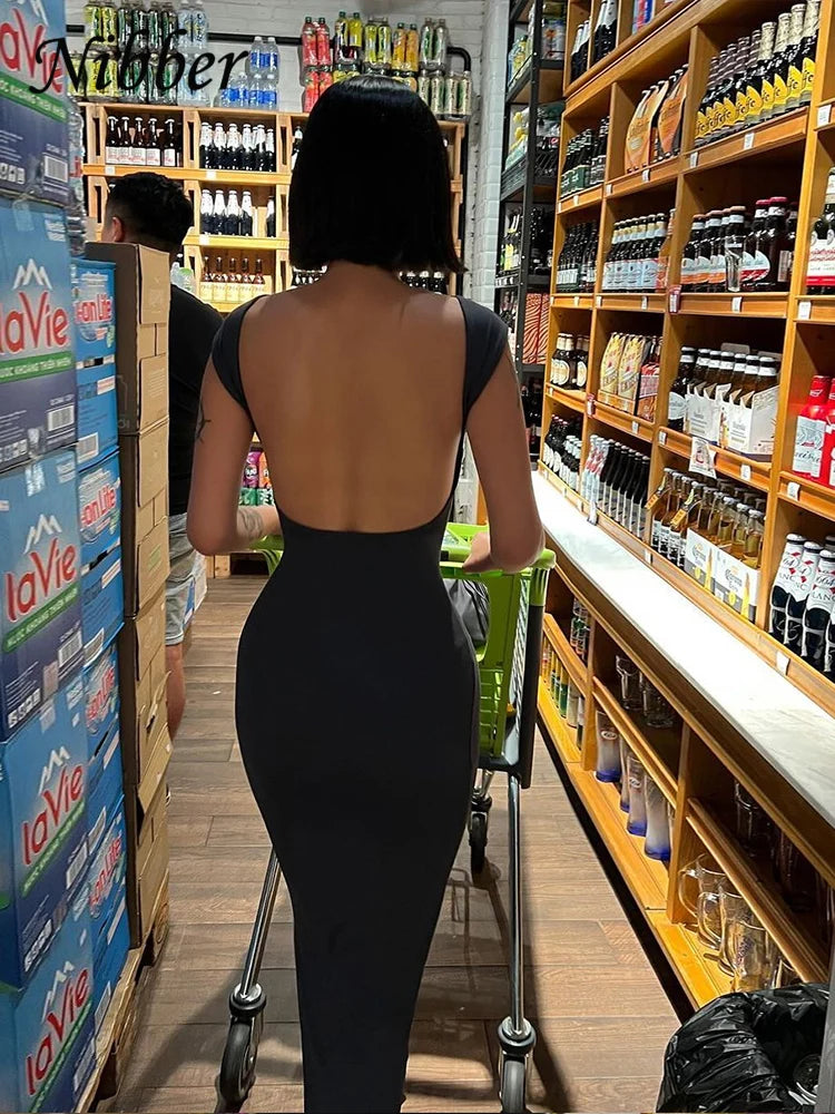 Nibber Solid Backless Bodycon Maxi Dress – Elegant Slim Short Sleeve Long Dress