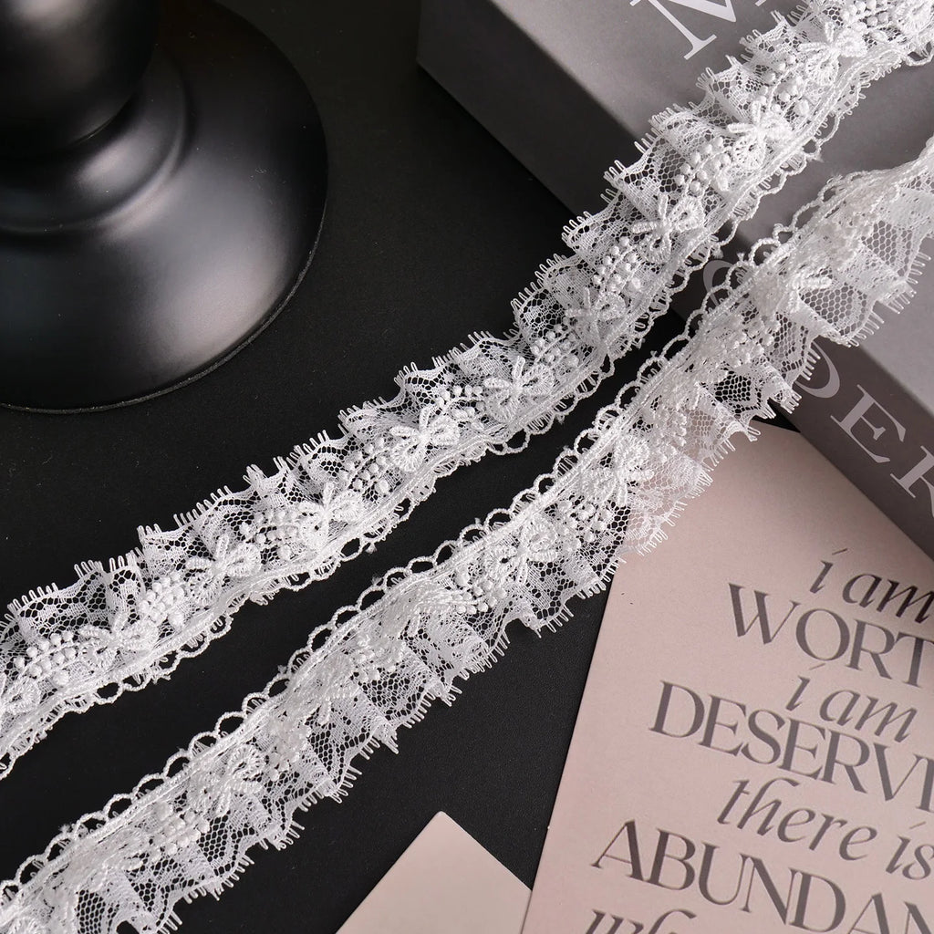 White Lace Ribbon Bow Trim — Embroidered Edge for Dresses, Bridal & DIY Crafts