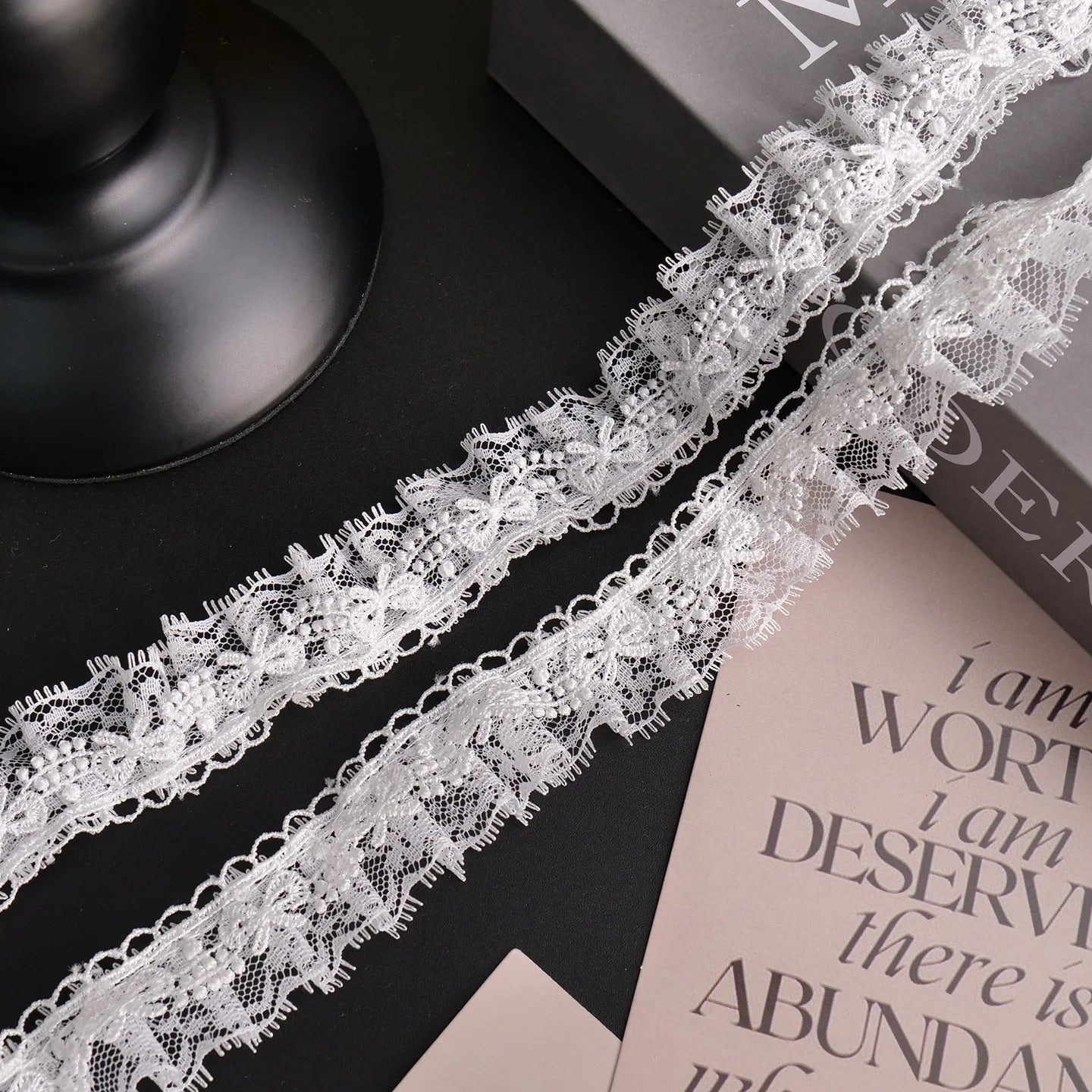 White Lace Ribbon Bow Trim — Embroidered Edge for Dresses, Bridal & DIY Crafts