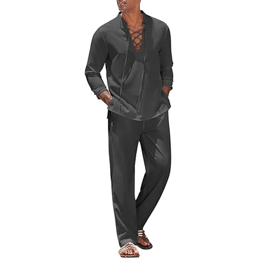 Men's Cotton Linen Shirt & Pants Set – Solid Color Hawaiian Beach Vacation Casual 2-Piece