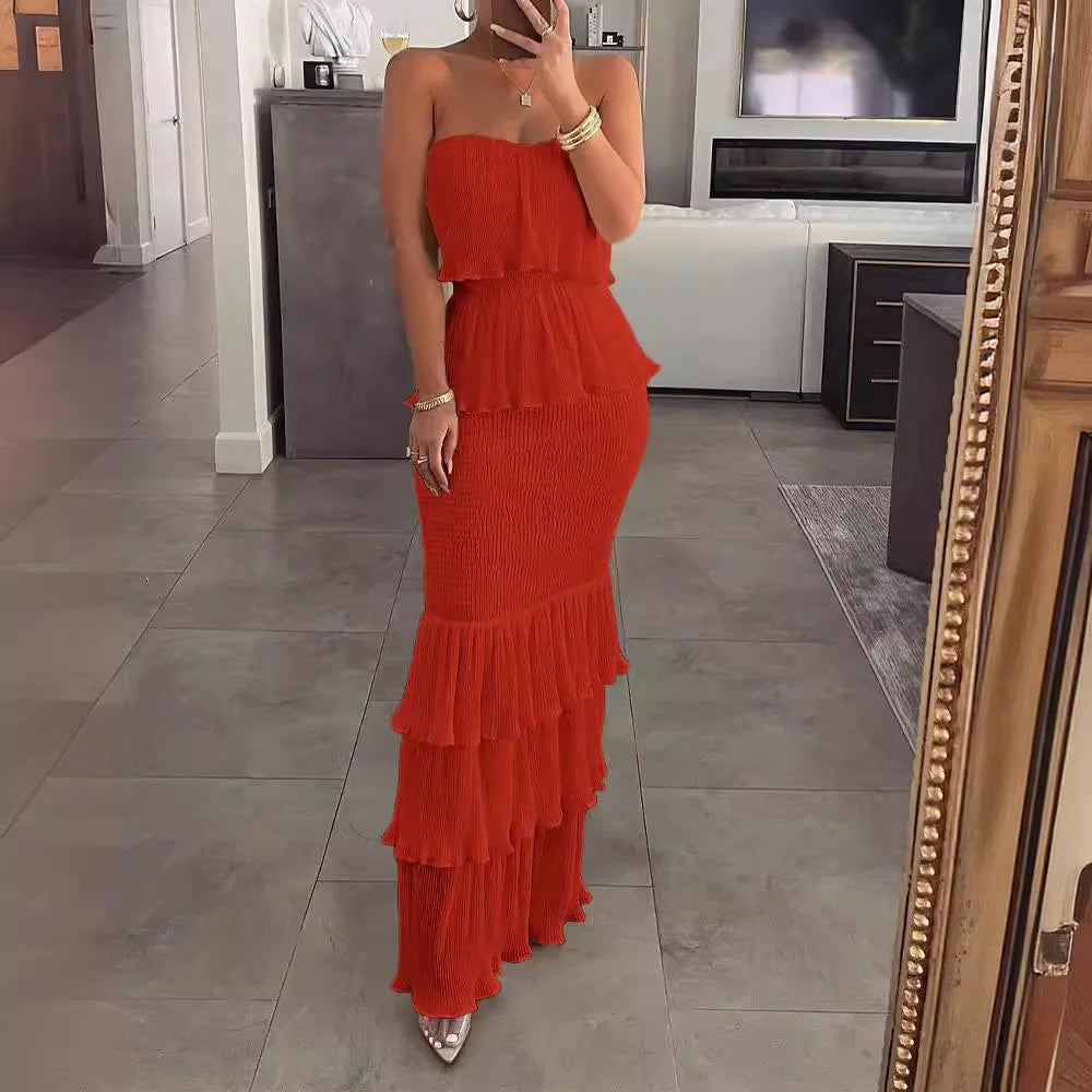 Bandeau Shirred Ruffle Layered Maxi Dress — Slim Fit Sleeveless Elegant Long Dress
