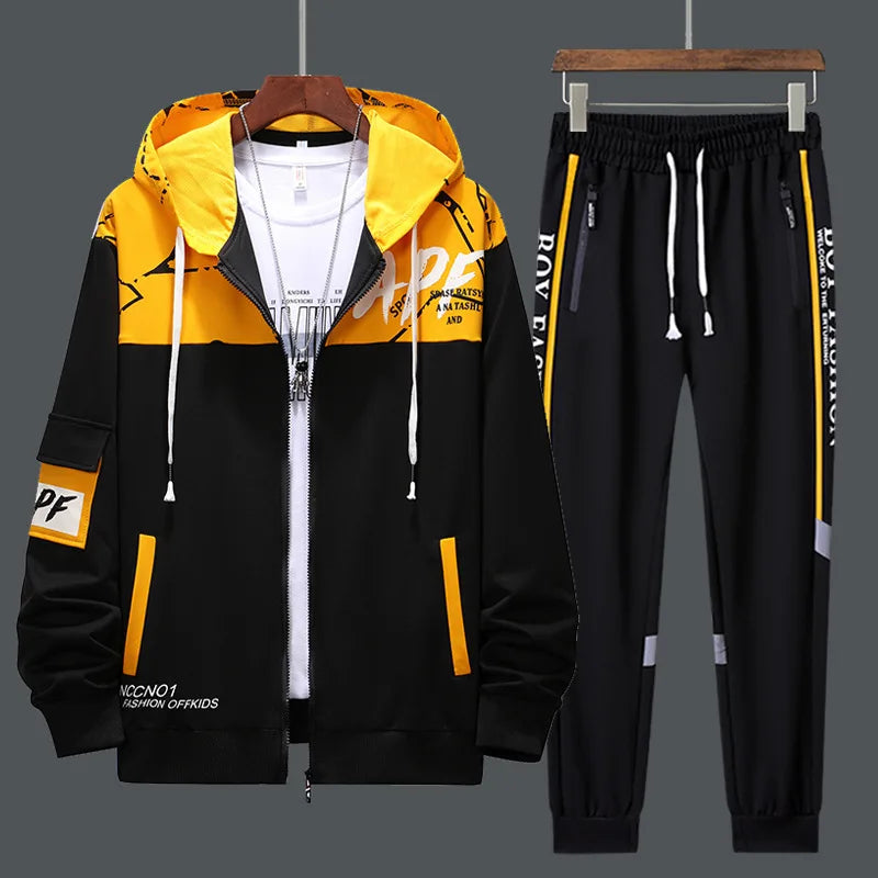 Men's Patchwork Hoodie & Sweatpants 2-Piece Tracksuit – Hip Hop Streetwear Set