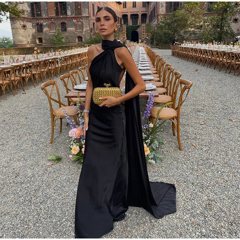 Sexy Satin Halter Backless Party Dress – Off Shoulder Sleeveless Solid Robe Gown 2026