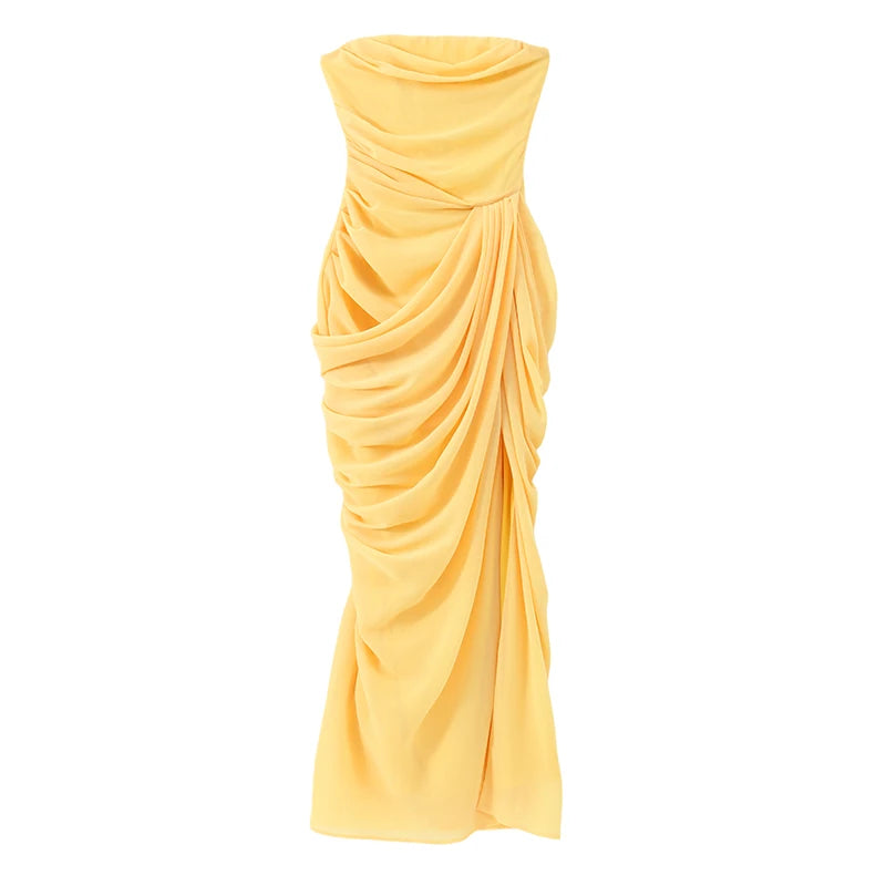 Elegant Yellow Strapless Pleated Maxi Gown — Waist-Cinching Split Evening Dress