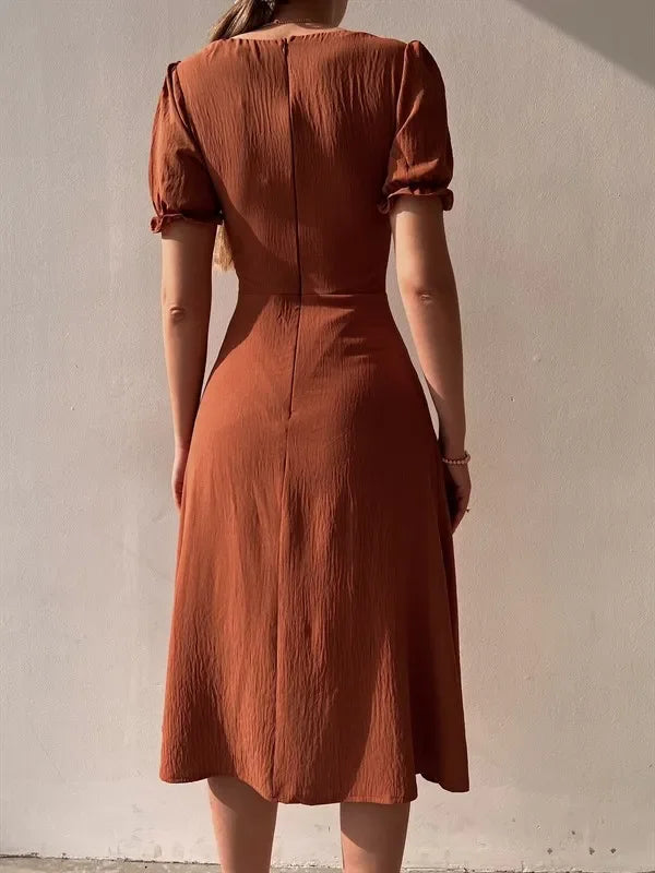 V-Neck Puff Sleeve High Waist Split Midi Dress — Elegant Single-Breasted Solid Dress