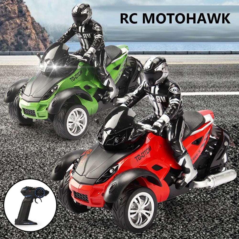 1:10 Scale Vehicle 2.4GHz High Speed Three Wheel RC MotoHawk Motorcycle Toys ATV Road Racer with LED Headlights Toy Gift for Kid