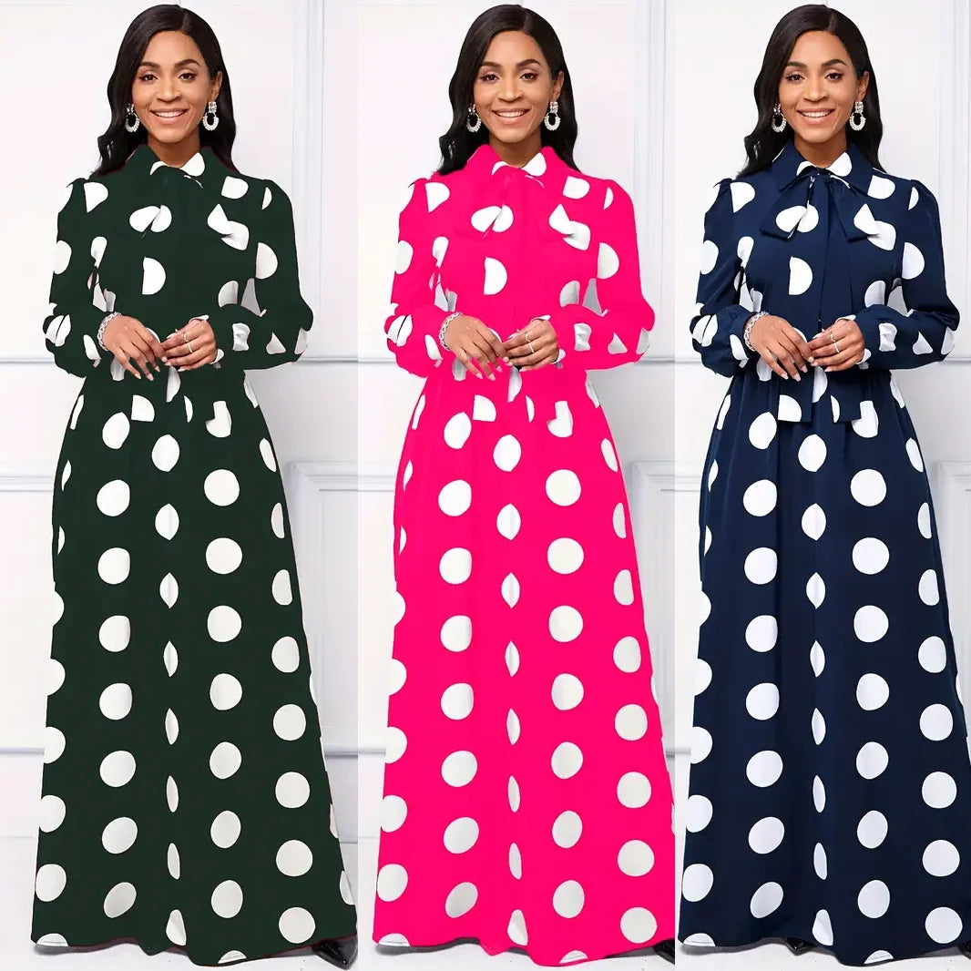 Bow Knot Polka Dot Maxi Dress — Long Sleeve Elegant Casual Lady Dress