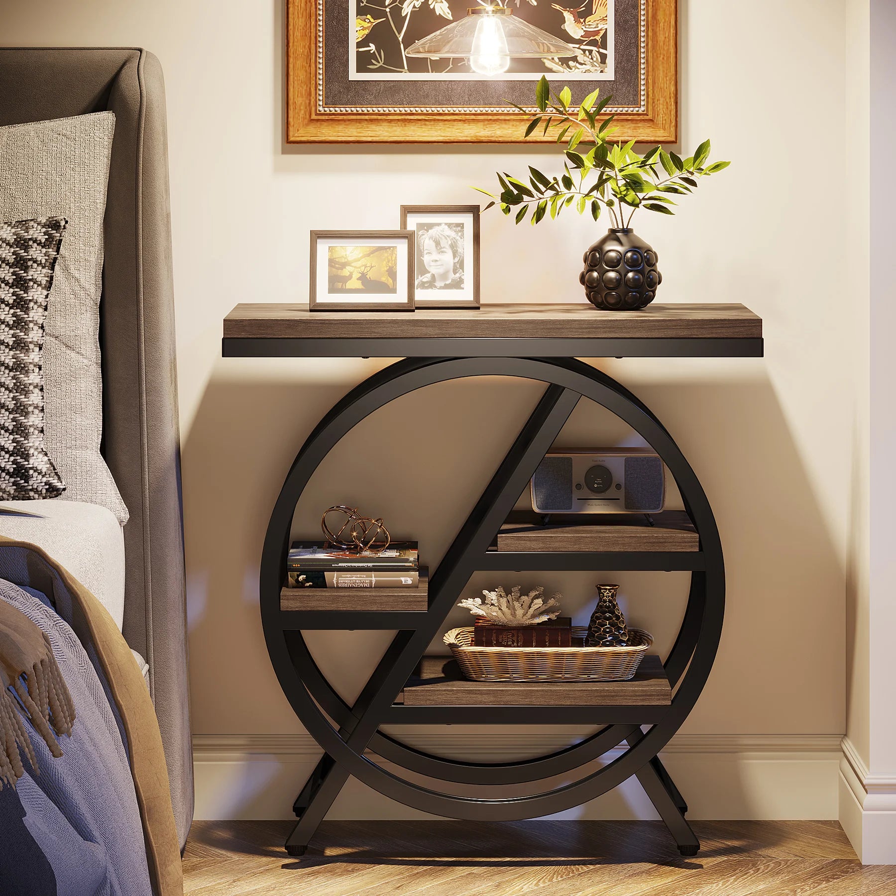 Tribesigns 3-Tier Narrow Side Table — Wood & Geometric Metal Frame
