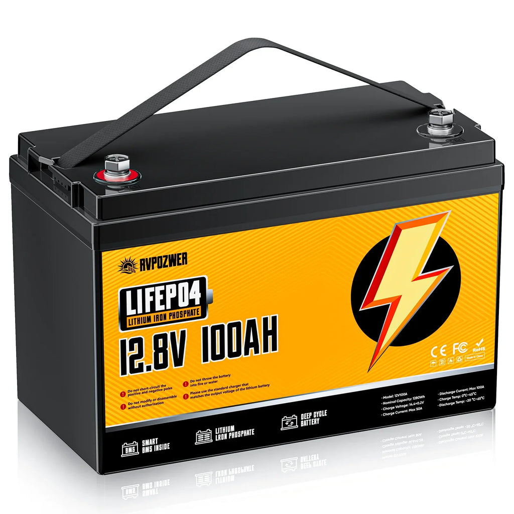 RVPOZWER 12V 100Ah LiFePO4 Lithium Battery — 1280Wh, 100A BMS, 6000+ Cycles, Solar & RV Power