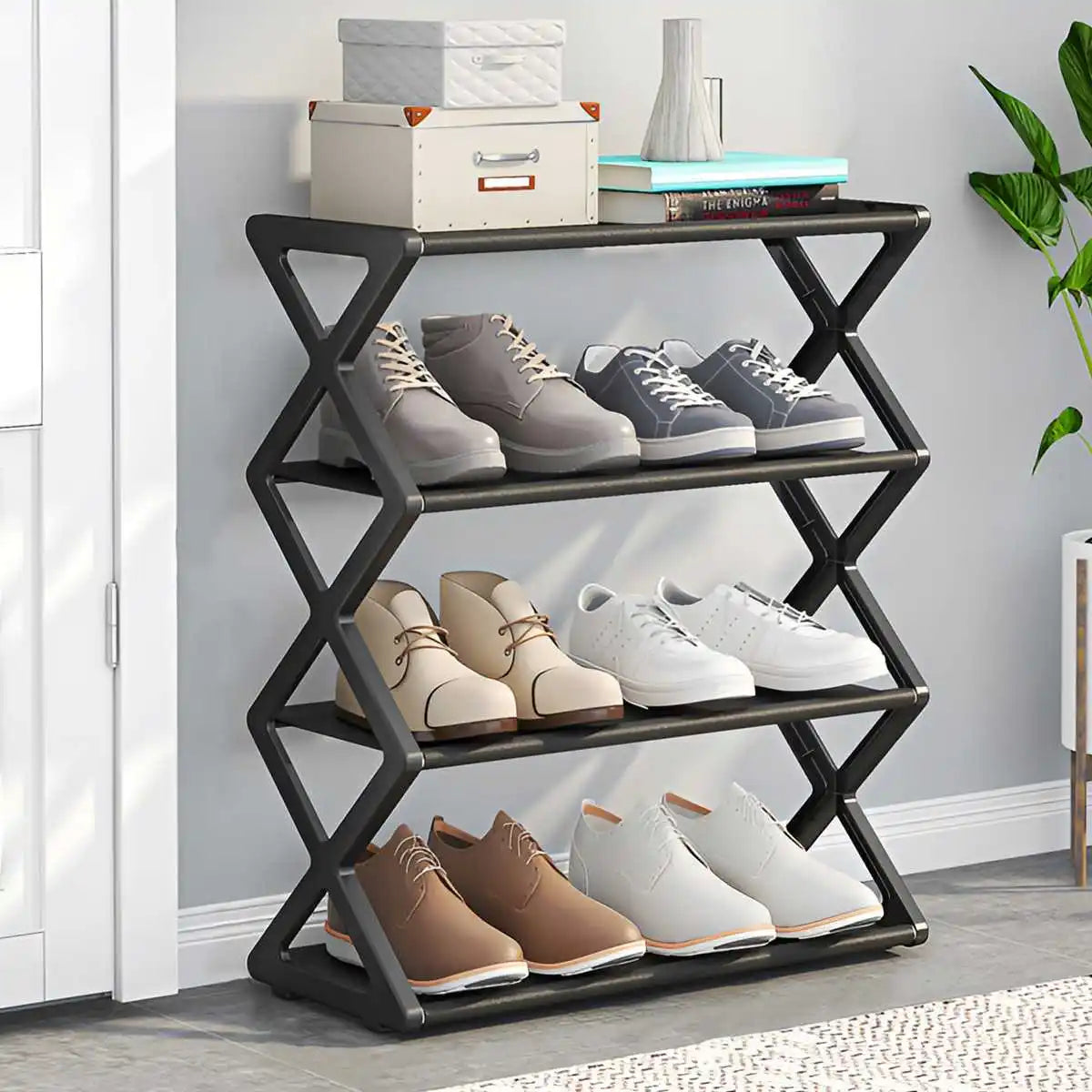 4-Tier X-Type Dustproof Shoe Storage Rack — Foldable Steel Organizer for Entryways, Bedrooms & Dorms