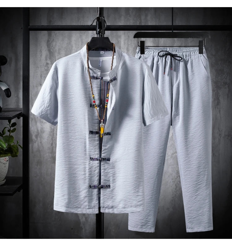 Men's 100% Cotton Linen Short Sleeve Shirt & Drawstring Pants Set