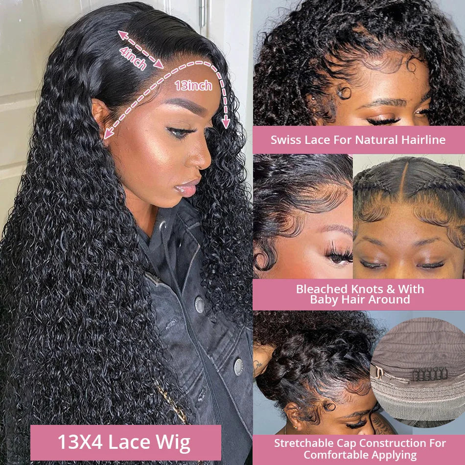 40–50 Inch Water Wave Curly Lace Front Wig | 300% Density 13x4 13x6 7x5 HD Glueless Brazilian Human Hair for Women