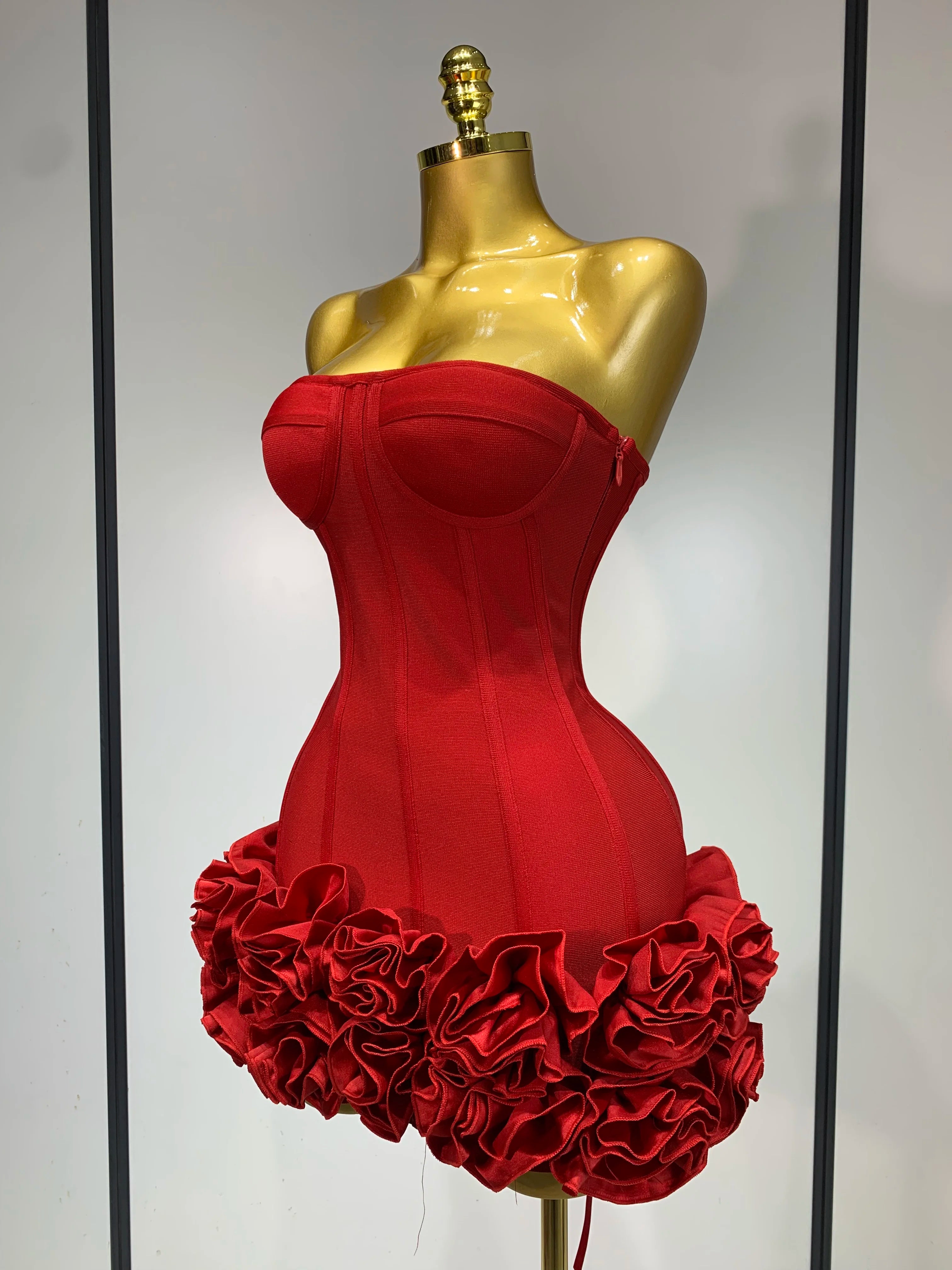 Flower Embellished Strapless Bandage Mini Dress — Backless Bodycon Celebrity Party Dress