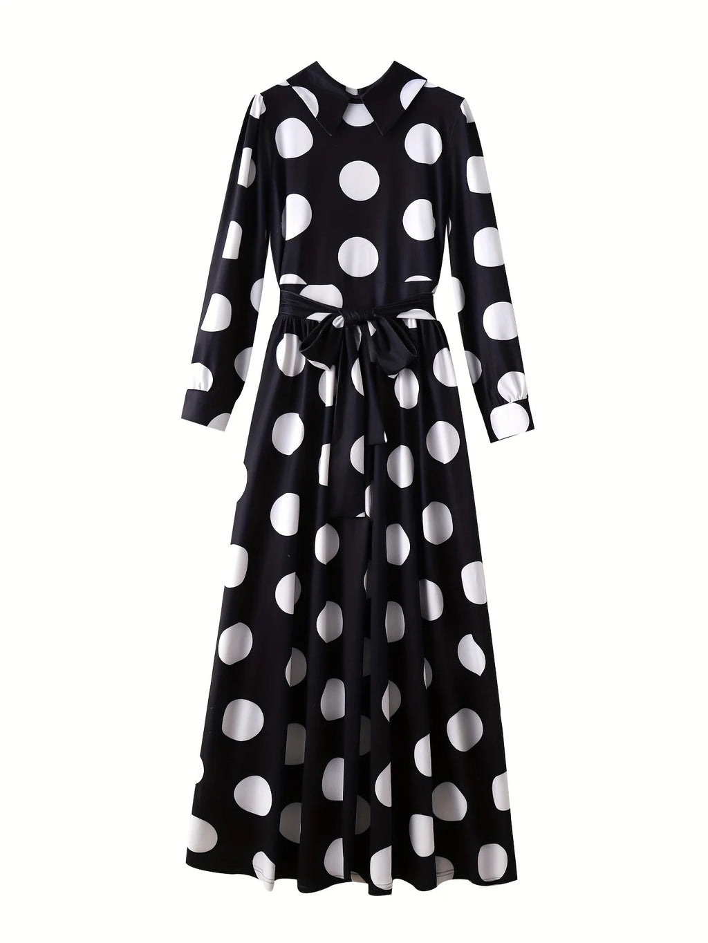 Bow Knot Polka Dot Maxi Dress — Long Sleeve Elegant Casual Lady Dress