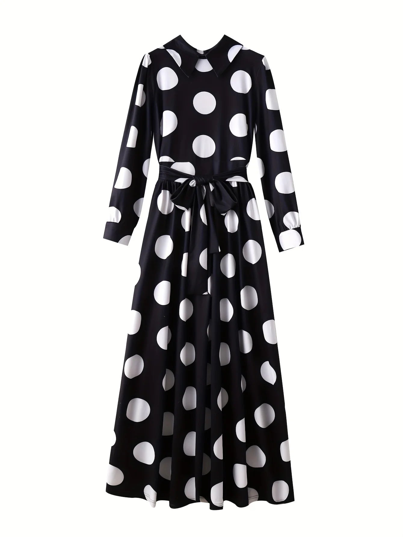 Bow Knot Polka Dot Maxi Dress — Long Sleeve Elegant Casual Lady Dress