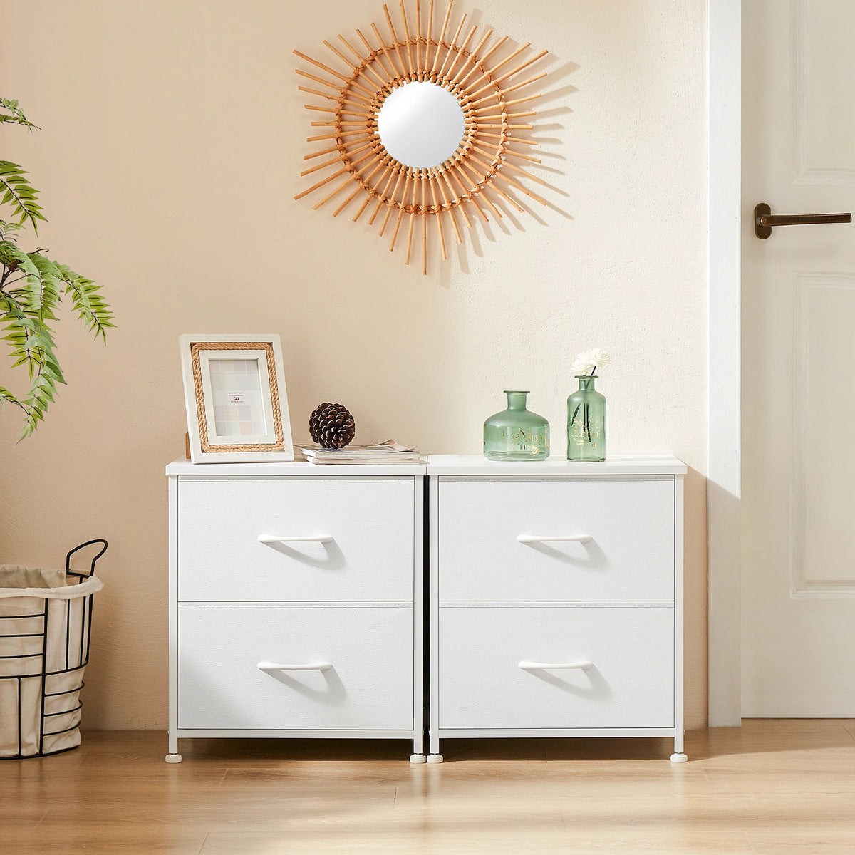 JHK Nightstand & Bedside Table – 2 Fabric Drawers, Storage Cabinet for Bedroom, Coffee & Sofa Side Table